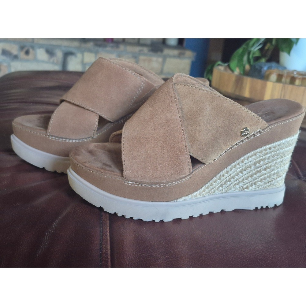 UGG Size 5 Women's Gina Suede Espadrille Wedge Slide Sandals Tan Platform